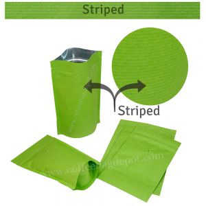 Green Striped Kraft Paper Stand Up Pouches With Valve