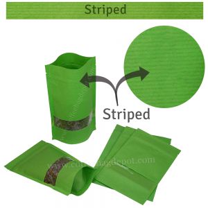 Green Striped Paper Stand Up Pouches With Rectangle Window