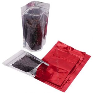 Clear / Shiny Red Stand Up Pouches with Zip